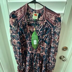 Farm Rio Teal Ainika Charm Long Sleeve Dress